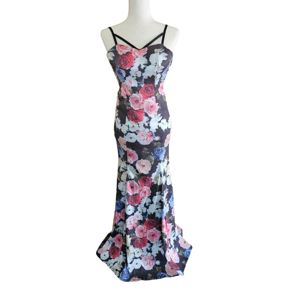 City Triangles Floral Mermaid Gown Black Pink Blue Strappy Prom Wedding Size 5